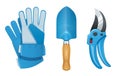 Garden tool for gardening work. Glove, shovel, pruner. Vector illustration.