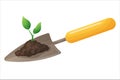 Garden scoop with pile of black soil and sprout of young plant with leaves. Concept of gardening and growing. Vector