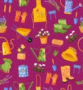 Garden tool seamless pattern. Vector illustration of garden elements: spade, pitchfork, wheelbarrow, plants, watering can, rubber