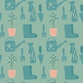 Garden tool seamless pattern. Watering, shovel, plant silhouettes in stylized artwork. Turquoise and blue tones palette