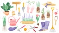 Garden tool set. Vector isolated gardening elements, spring set of icons or stickers of home window garden Royalty Free Stock Photo