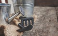 Garden tool, shovel, rake, watering can, bucket, bag on a wooden Royalty Free Stock Photo