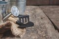 Garden tool, shovel, rake, watering can, bucket, bag on a wooden Royalty Free Stock Photo