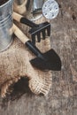 Garden tool, shovel, rake, watering can, bucket, bag on a wooden Royalty Free Stock Photo