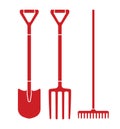 Garden tool spade, pitchfork and rake vector icons