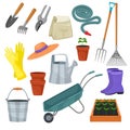 Garden tool vector gardening equipment rake or shovel and lawnmower of gardener farm collection or farming set Royalty Free Stock Photo