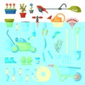 Garden tool vector gardening equipment rake or shovel and lawnmower of gardener farm collection or farming set