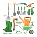 Garden tool vector gardening equipment rake shovel trowel and watering can of gardener farm collection illustration