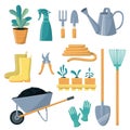Garden tool vector gardening equipment rake shovel watering can for plants in pot of gardener farm collection or farming