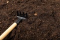 Garden tools on the background of the texture of fertile soil. Royalty Free Stock Photo