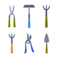 Garden Tools with Bush Pruner, Hammer, Trowel and Shears Vector Set