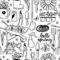 Garden tools c with flowers and calligraphy seamless pattern in contour style. Coloring book. Vector illustration