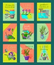 Garden tools card set vector illustration. It s time for gardening. Gardener supply. I love my garden. Wheelbarrow