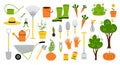 Garden tools. Cartoon instruments and supplies for soil work, shovel gloves rake pruner seeds and plants. Vector garden