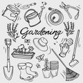 Garden tools doodle set. Hand equipment for gardening, farming, agriculture. Vector icons in sketch style on white. Royalty Free Stock Photo