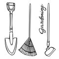 Garden tools doodle set. Hand equipment for gardening, farming, agriculture. Vector icons in on white. Royalty Free Stock Photo