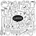 Garden tools doodle set. Outline vector Illustration, gardening and horticulture. Home Agriculture equipment.