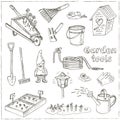 Garden tools doodle set. Various equipment and facilities for gardening and agriculture.