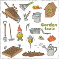 Garden tools doodle set. Various equipment facilities for gardening and agriculture.