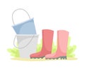 Garden Tools and Equipment with Bucket and Pair of Rubber Boots Vector Composition Royalty Free Stock Photo