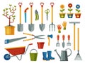 Garden tools. Farm agriculture equipment with shovel rake rubber boots secateurs cutter gloves lawnmower, flat cartoon Royalty Free Stock Photo