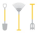 Garden tools. Farming work instruments. Agricultural metal rake. Plants cultivating. Landscaping shovel and pitchfork