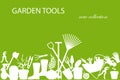 Garden tools. Farming work instruments. Gardening equipment collection. Silhouette wheelbarrow and bucket. Plants