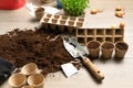 Garden tools with fertile black soil with shovel and cardboard pot for seeds. Spring planting time Royalty Free Stock Photo