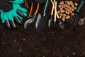 Garden tools and fertile soil. Royalty Free Stock Photo