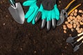 Garden tools and fertile soil. Royalty Free Stock Photo