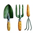 Garden tools. Floriculture tools, spatula, pitchfork and rake. Isolated object on a white background.