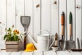 Garden tools and flower seedlings on a white wooden background, Generative AI 2