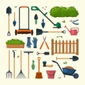 garden tools. grass care with industrial items shovel lawn mower rake scissors. Vector cartoon illustrations set