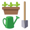 Garden tools items with plants flowers pots watering can and shovel.