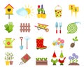 Garden tools and other elements of gardening flat icons set