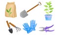 Garden Tools with Rubber Gloves and Ironmongery Vector Set Royalty Free Stock Photo