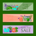 Garden tools sale horizontal set of banners vector illustration. Super sale of equipment. Wheelbarrow, trowel, fork hoe