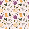 Garden tools seamless pattern. Repeated agricultural elements, cultivating ground accessories, watering can, rake. Decor textile Royalty Free Stock Photo