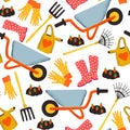 Garden tools seamless pattern. Watering can, flowers, wheelbarrow, rubber boots, gardening gloves, rake and carrots