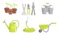 Garden Tools Set, Gardening Equipment, Flower Pot, Scissors, Pruner, Watering Can, Hose, Wheelbarrow Vector Illustration Royalty Free Stock Photo