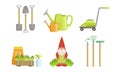 Garden Tools Set, Gardening Equipment, Shovel, Watering Can, Gnome, Rakes, Lawnmower Vector Illustration Royalty Free Stock Photo