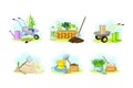 Garden tools set. Sack of soil, wheelbarrow, watering can, shovel, rake and seedlings agricultural objects vector