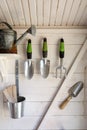 Garden tools in a small storage shed Royalty Free Stock Photo