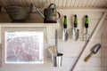 Garden tools in a small storage shed Royalty Free Stock Photo