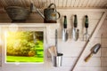 Garden tools in a small storage shed.