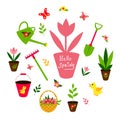 Garden tools. Spring set. Gardening. Watering can, bucket, spade, rake, basket, seedlings, flowers, butterflies.