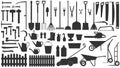Garden tools. Vector silhouettes big set: rake, spade, shovel, secateurs, saw, hammer, garden fence Royalty Free Stock Photo