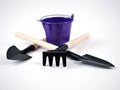 Garden tools with violet empty bucket isolated on white background ,home garden tools Royalty Free Stock Photo