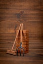 Garden tools on wood texture background. Spring work Royalty Free Stock Photo