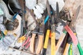 Garden tools on working table Royalty Free Stock Photo